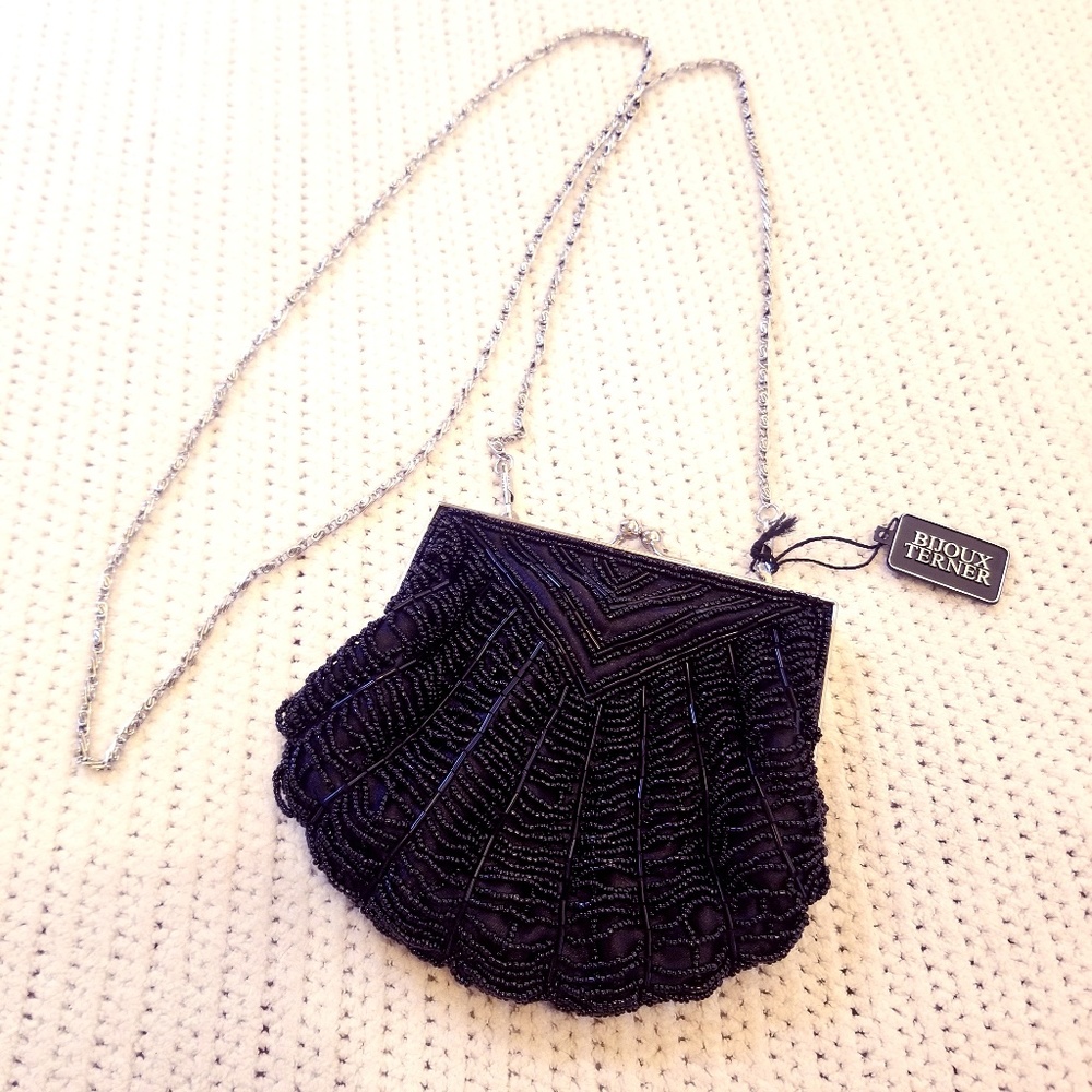 Bijoux Terner Vtg Blk beaded satin party bag strap